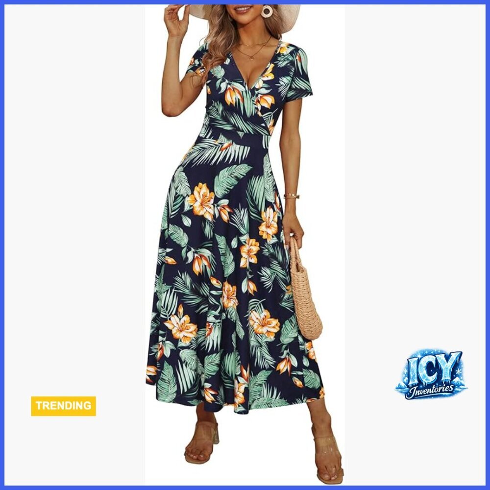 Short Sleeve Wrap V-Neck Maxi Sundress with Pockets